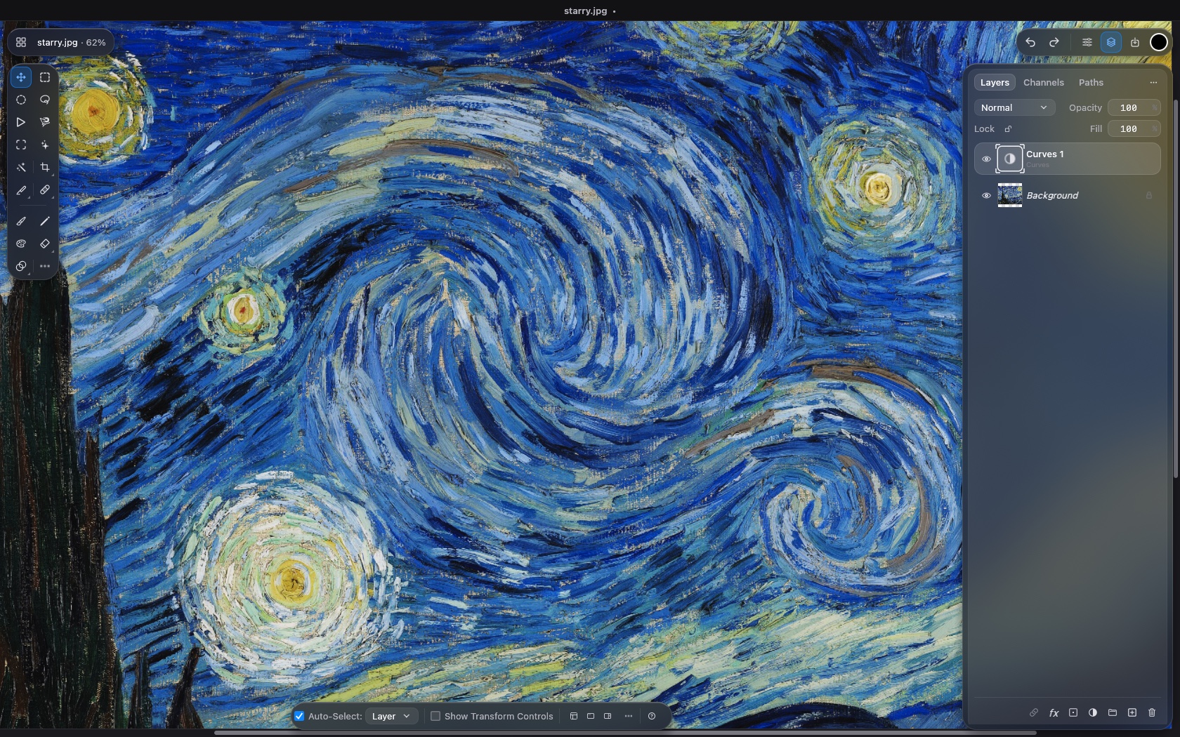 Fotofied zoomed into the brushwork of The Starry Night, with a Curves adjustment layer